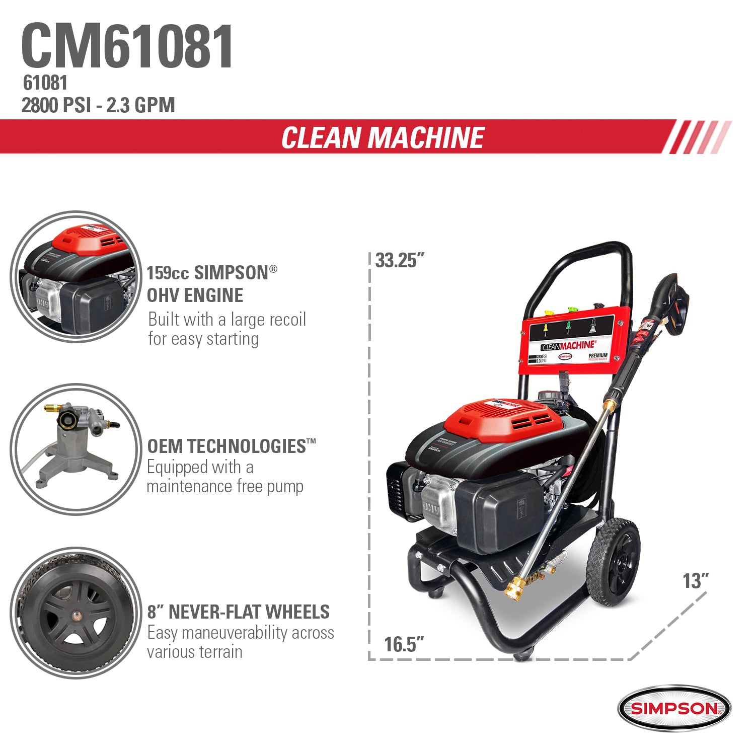 Simpson Clean Machine CM61081 2800-PSI Gas Pressure Washer with 159cc OHV Engine
